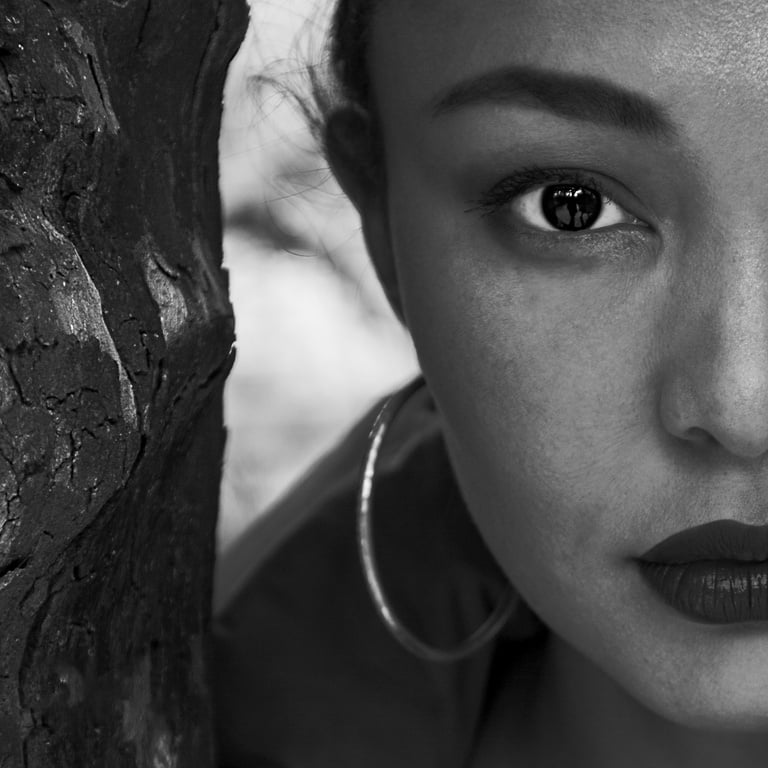 Grayscale Photo of Woman in Black Shirt